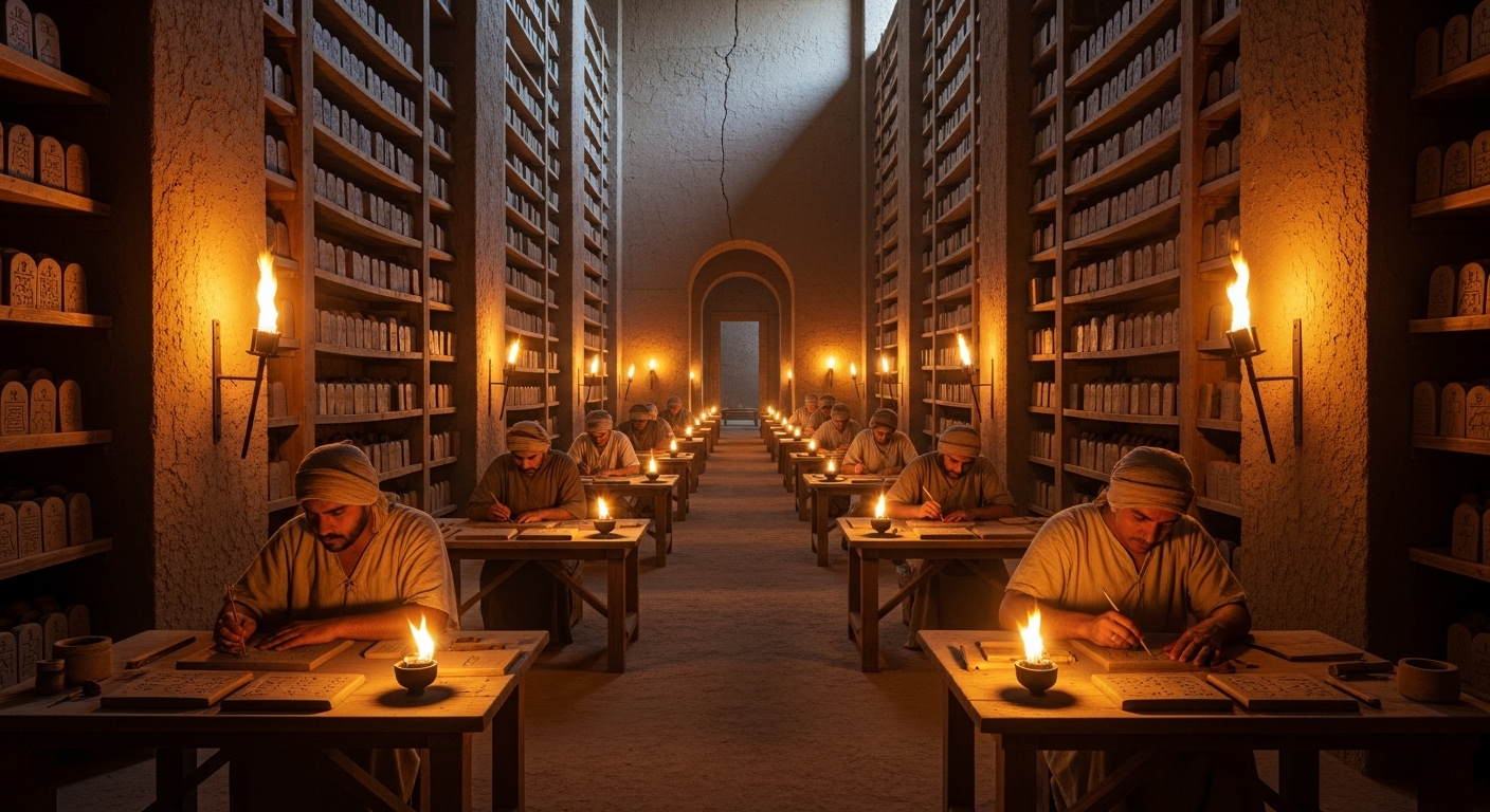 기원전 7세기 아슈르바니팔 도서관 내부에서 필경사들이 점토판에 설형문자를 기록하는 모습, 촛불 아래서 작업하는 고대 아시리아 서고