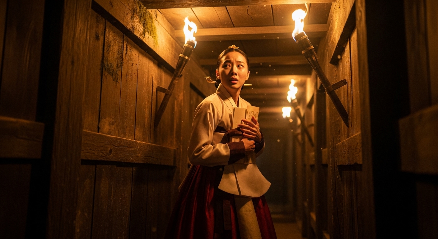 횃불이 켜진 어두운 궁궐 복도에서 금지된 메모를 들고 긴장한 표정으로 주위를 살피는 조선시대 궁녀의 모습