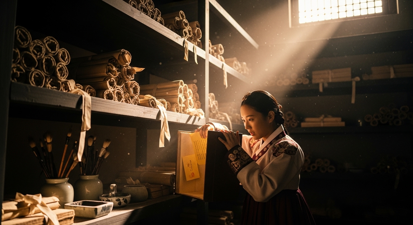 조선시대 궁궐 비밀 서고에서 금지된 두루마리 문서를 몰래 읽고 있는 궁녀의 긴장된 모습, 창문으로 들어오는 햇빛과 먼지