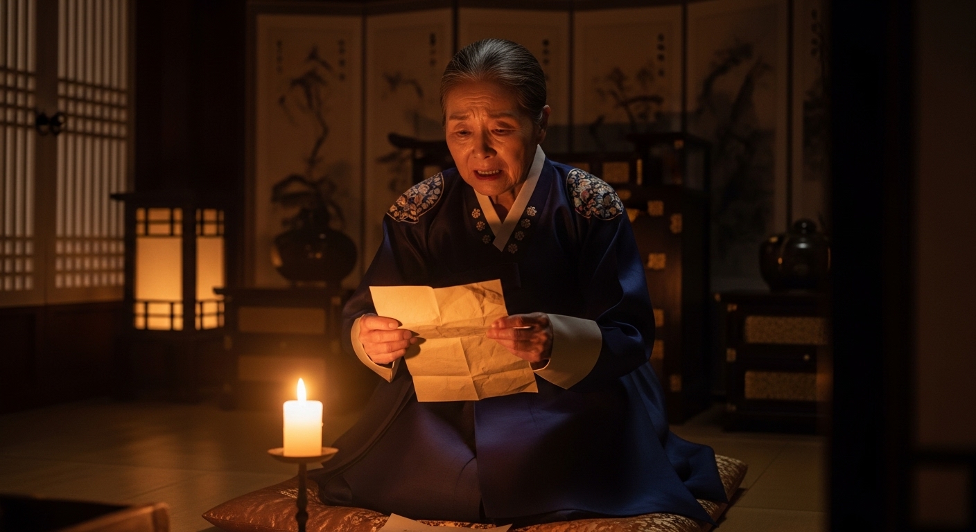 촛불을 켜놓고 낡은 종이 메모를 떨리는 손으로 읽고 있는 나이든 조선시대 궁녀의 비통한 표정