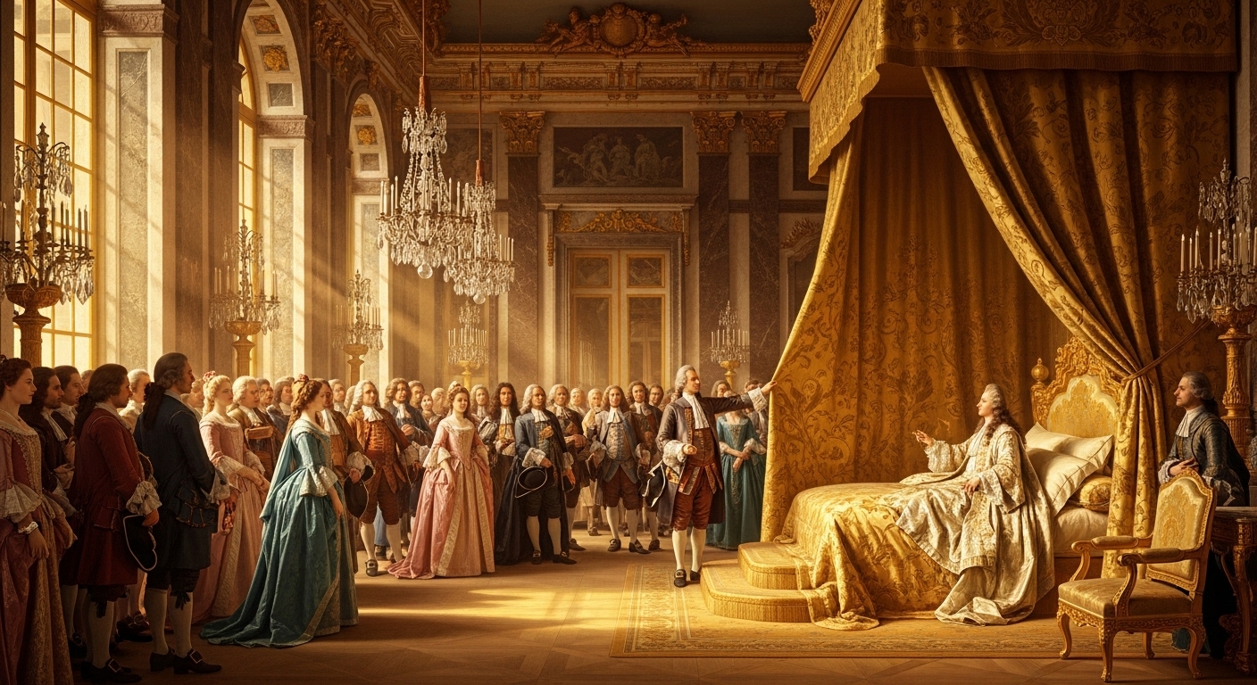 루이 14세 기상 의식 장면, 베르사유 궁전 침실에서 150명 이상의 프랑스 귀족들이 침대에 앉아있는 태양왕의 기상을 지켜보는 17세기 왕실 의례, 화려한 금빛 커튼과 크리스탈 샹들리에가 있는 바로크 양식 침실