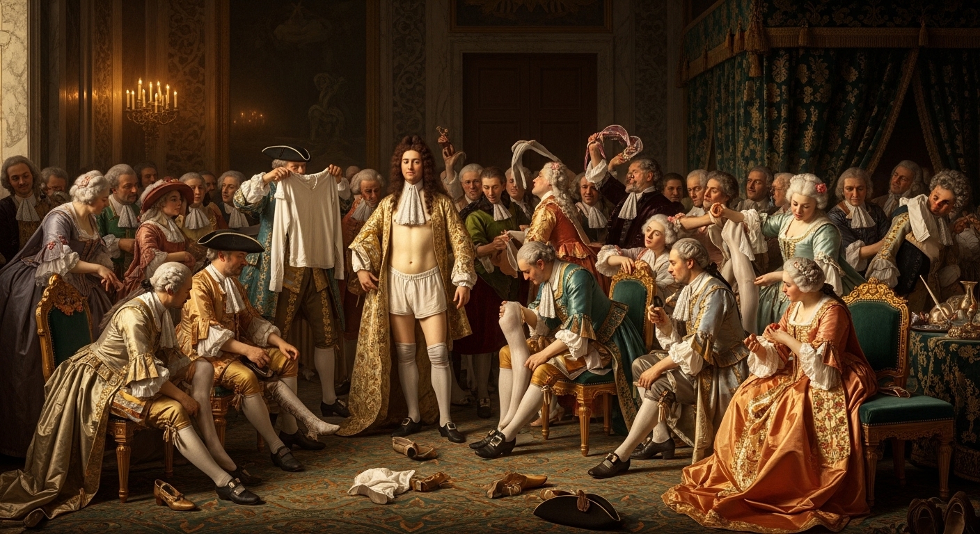 루이 14세 착의 의식 장면, 60명 이상의 시종과 귀족들이 태양왕에게 옷을 입히는 복잡한 왕실 의례, 17세기 베르사유 궁전에서 각자 맡은 역할에 따라 셔츠 바지 신발 가발을 분담하여 착용시키는 프랑스 궁정 문화