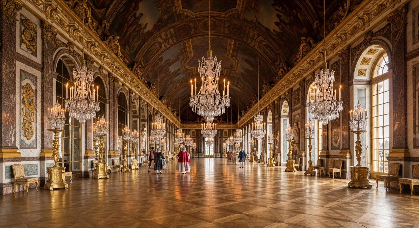 베르사유 궁전 거울의 방, 길이 73미터에 357개의 거울과 거대한 크리스탈 샹들리에가 설치된 루이 14세의 대형 홀, 17세기 당시 금보다 비쌌던 거울로 장식된 프랑스 바로크 건축의 정점