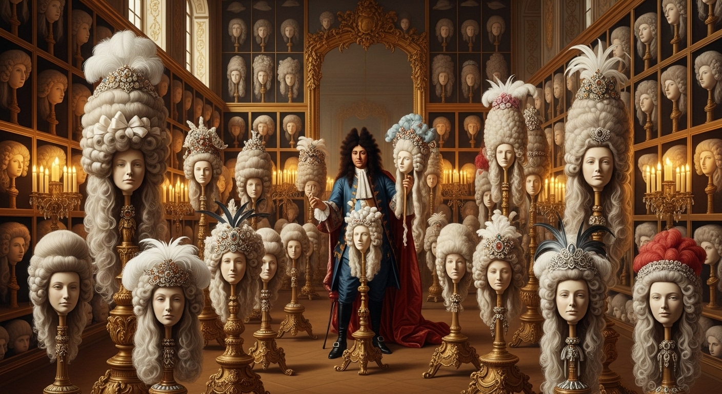 루이 14세와 1만 개가 넘는 가발 컬렉션, 화려한 장식과 보석으로 꾸며진 거대한 바로크 가발들이 진열된 베르사유 궁전 가발 보관실, 하루 세 번씩 갈아입었던 17세기 프랑스 궁정 패션의 극치