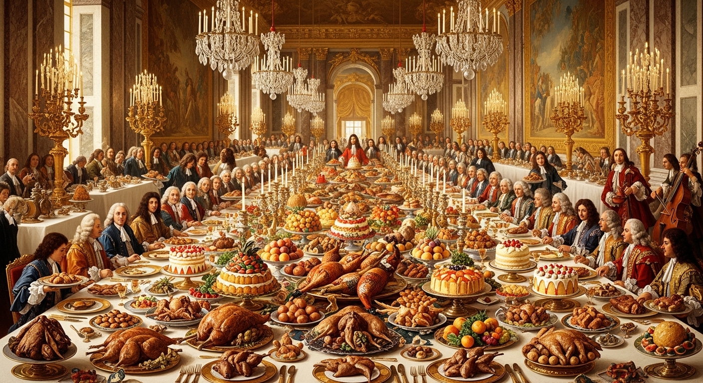 루이 14세 베르사유 궁전 왕실 만찬 장면, 1000명 이상 참석한 화려한 연회에서 100가지가 넘는 요리가 진열된 긴 테이블, 구운 꿩과 양고기 케이크 등 산더미 같은 음식과 크리스탈 샹들리에가 빛나는 17세기 프랑스 왕실 식문화