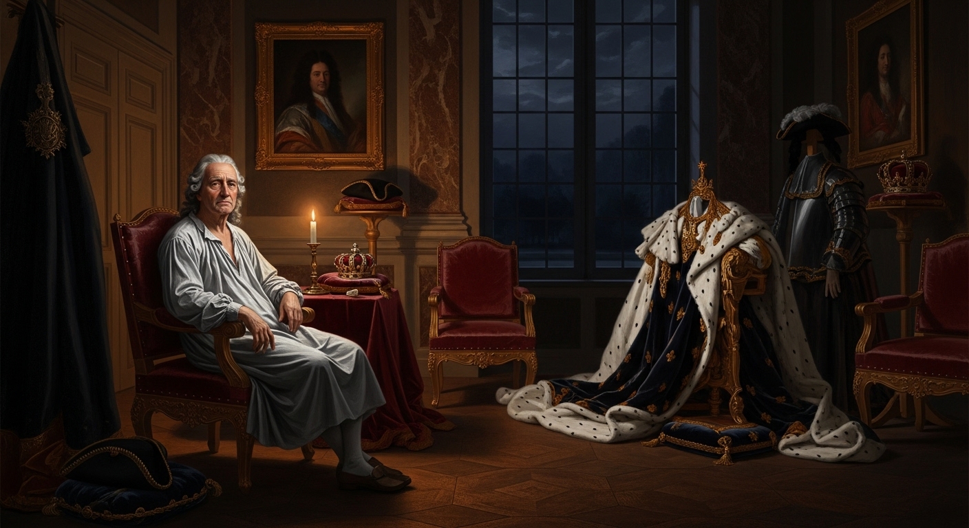 말년의 루이 14세가 베르사유 궁전 개인 방에서 촛불 아래 혼자 앉아있는 모습, 옆에 놓인 화려한 왕관과 예복을 바라보며 고독과 회한에 잠긴 77세 노년의 태양왕, 72년 재위 기간의 외로움을 보여주는 17세기 프랑스 왕실