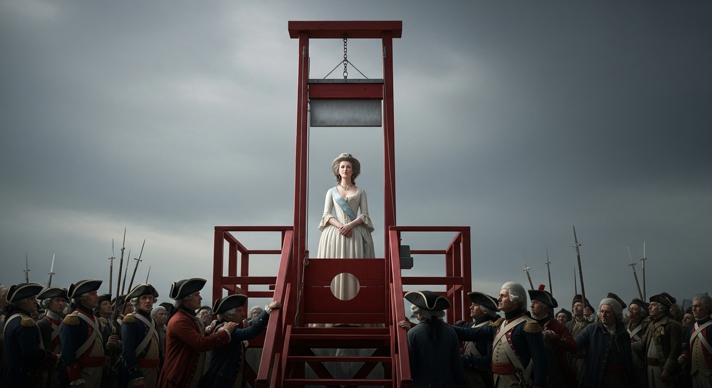 18세기 프랑스 혁명 시기 단두대 앞에 선 마리 앙투아네트의 마지막 순간을 재현한 역사적 장면