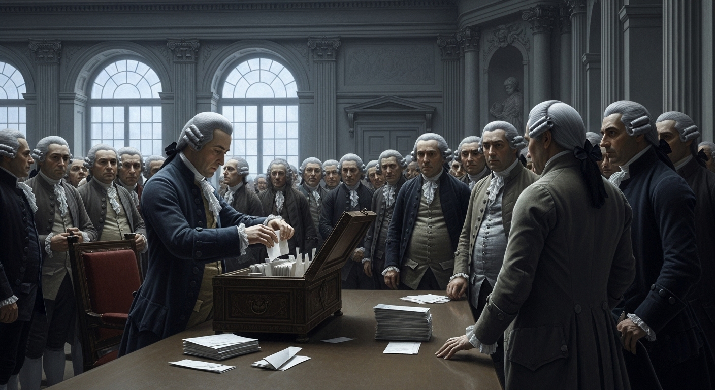18세기 프랑스 국민공회 의원들이 루이 16세의 사형 여부를 결정하기 위해 투표하는 역사적 순간