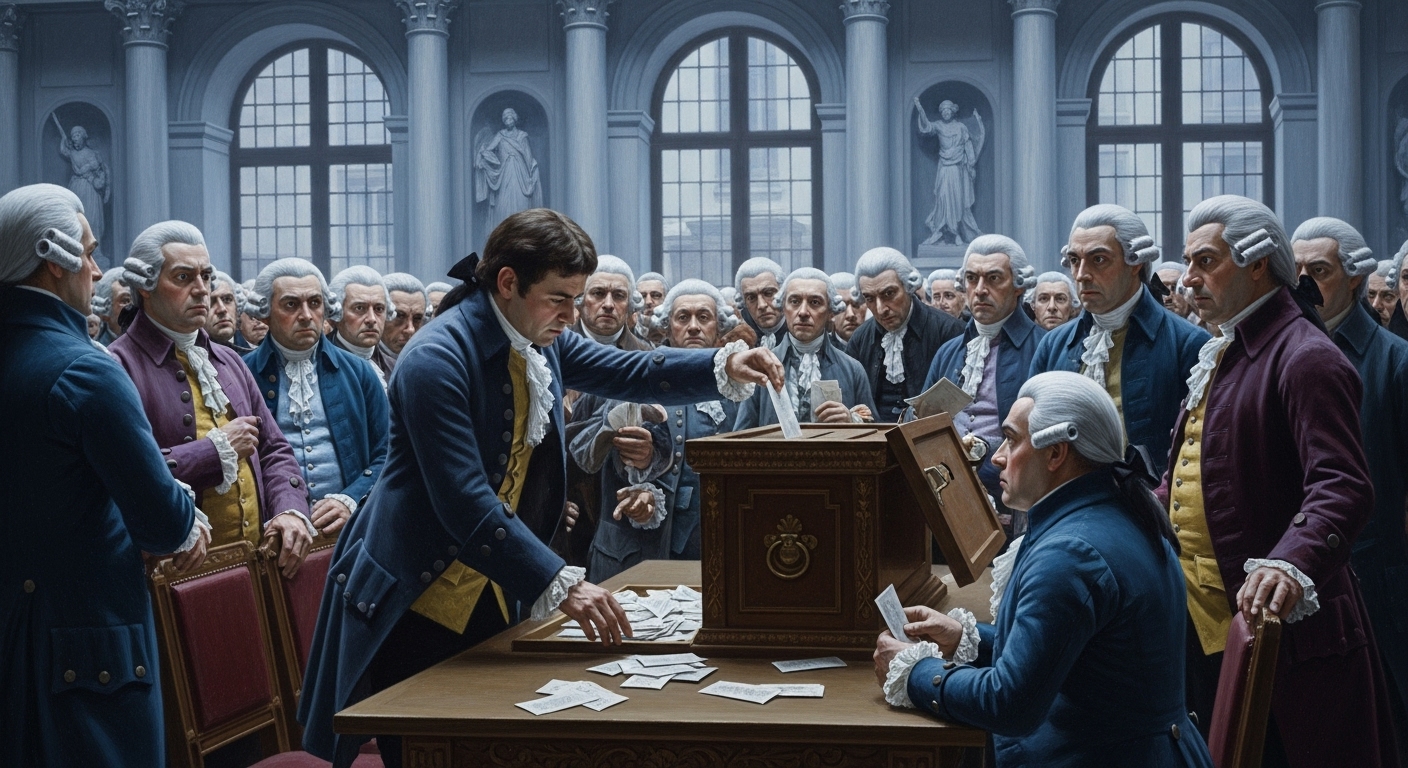 1793년 프랑스 국민공회에서 루이 16세 사형 투표 결과를 집계하는 긴장감 넘치는 역사적 순간