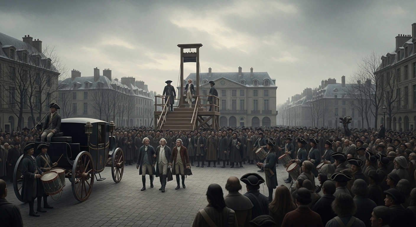 1793년 1월 21일 루이 16세가 처형된 파리 혁명광장의 단두대와 수만 명의 군중이 모인 역사적 장면
