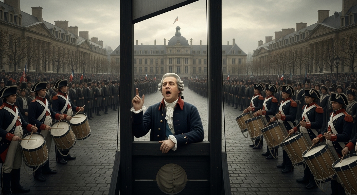 단두대에 오른 루이 16세가 파리 시민들 앞에서 자신의 결백을 주장하는 마지막 연설을 하는 비극적 순간