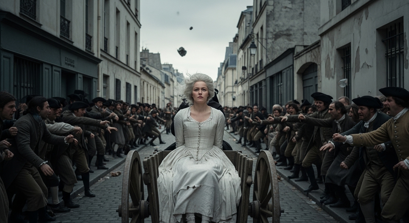 1793년 10월 16일 마리 앙투아네트가 손이 뒤로 묶인 채 짐마차에 실려 파리 시민들의 조롱 속에 처형장으로 향하는 장면