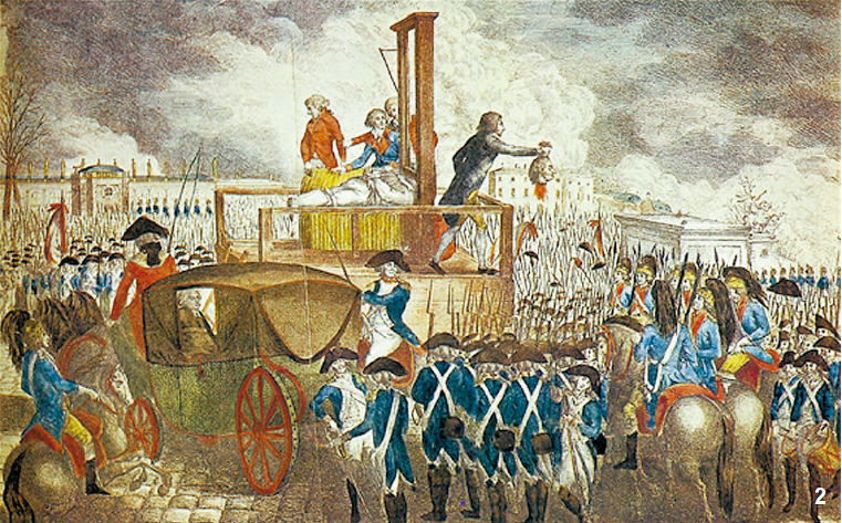 1793년 1월 21일 루이 16세 처형 장면을 담은 당대 판화 기록물로 단두대와 군중이 생생하게 묘사되어 있음