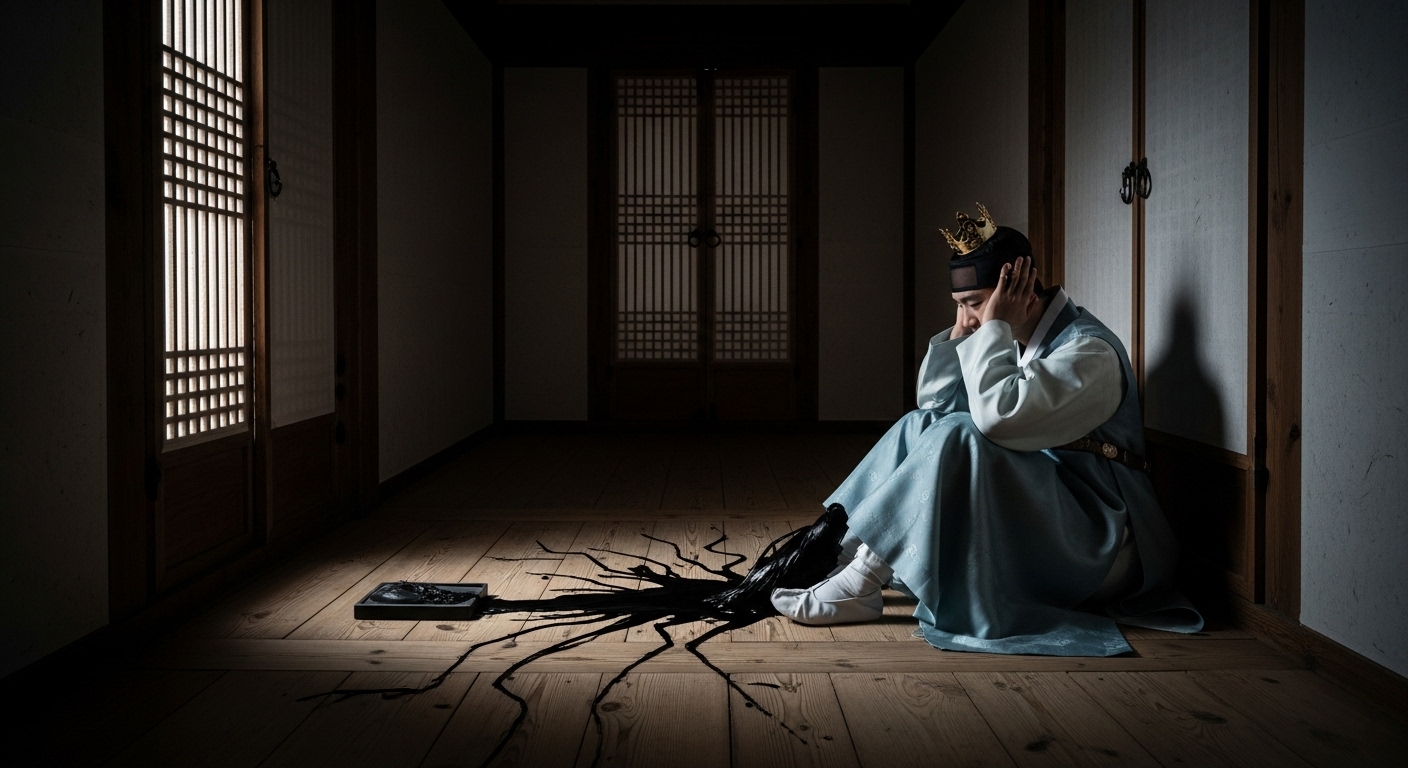 조선시대 왕세자가 어두운 방 안에서 머리를 감싸 쥔 채 괴로워하는 모습입니다. 바닥에 엎질러진 먹물은 광증과 정신적 고통을 상징하며, 사도세자 뒤주 사건의 비극적 내면을 표현한 장면입니다.