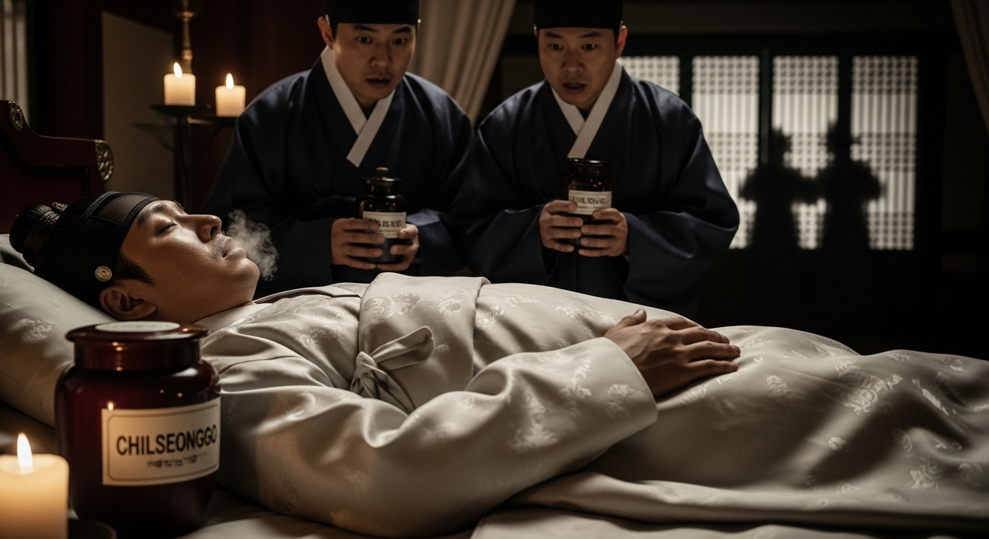 조선시대 어의들이 위독한 정조대왕을 치료하는 장면, 촛불이 켜진 어두운 침전에서 두 명의 어의가 약병을 들고 있고 침상에 누운 환자가 입에서 연기를 내뿜고 있다