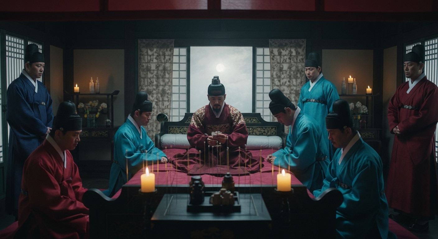 정조대왕 시대 어전회의 장면, 화려한 곤룡포를 입은 임금이 중앙에 앉아 있고 청색과 자주색 관복을 입은 신하들이 둘러앉아 촛불 아래 비밀 회의를 진행하는 모습