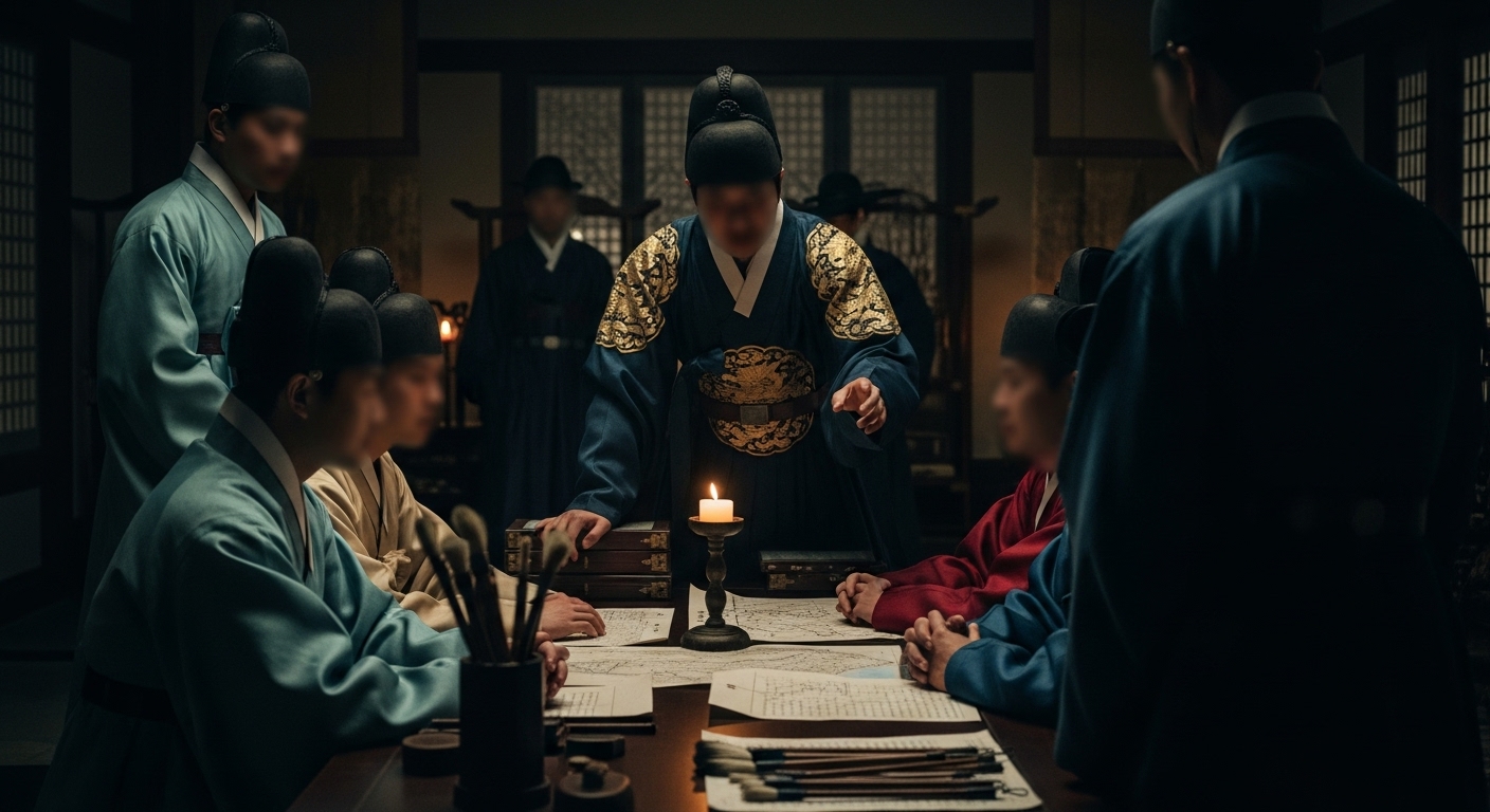 조선시대 궁궐 내전에서 곤룡포를 입은 임금이 신하들과 함께 촛불 아래 어의 기록 문서를 검토하는 장면, 탁자 위에는 한문으로 작성된 의료 기록지들이 펼쳐져 있다