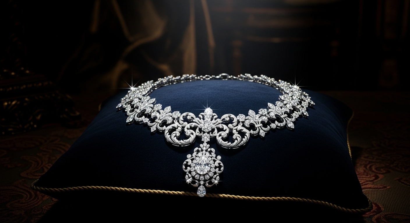 1785년 프랑스 목걸이 사건의 중심이 된 540개 다이아몬드로 만들어진 화려한 로코코 양식 목걸이가 벨벳 쿠션 위에 놓여있는 모습