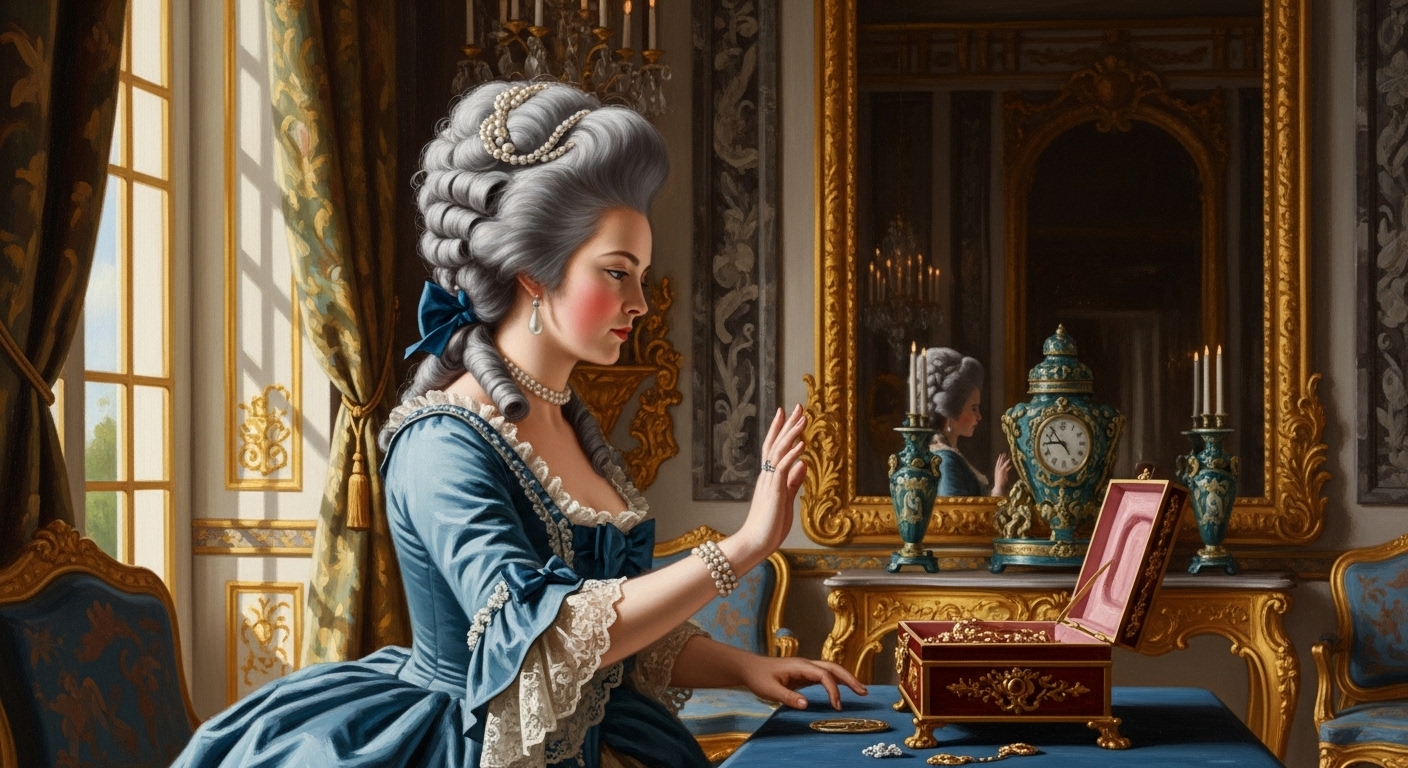 베르사유 궁전에서 화려한 로코코 드레스를 입은 마리 앙투아네트가 보석함 앞에서 거절의 손동작을 취하고 있는 18세기 프랑스 궁정 장면