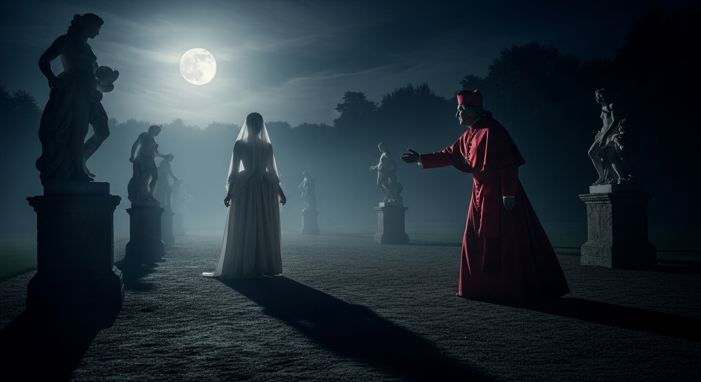 1784년 8월 베르사유 궁전 정원에서 달빛 아래 붉은 예복의 로앙 추기경이 베일을 쓴 가짜 마리 앙투아네트를 만나는 치밀한 사기극 장면