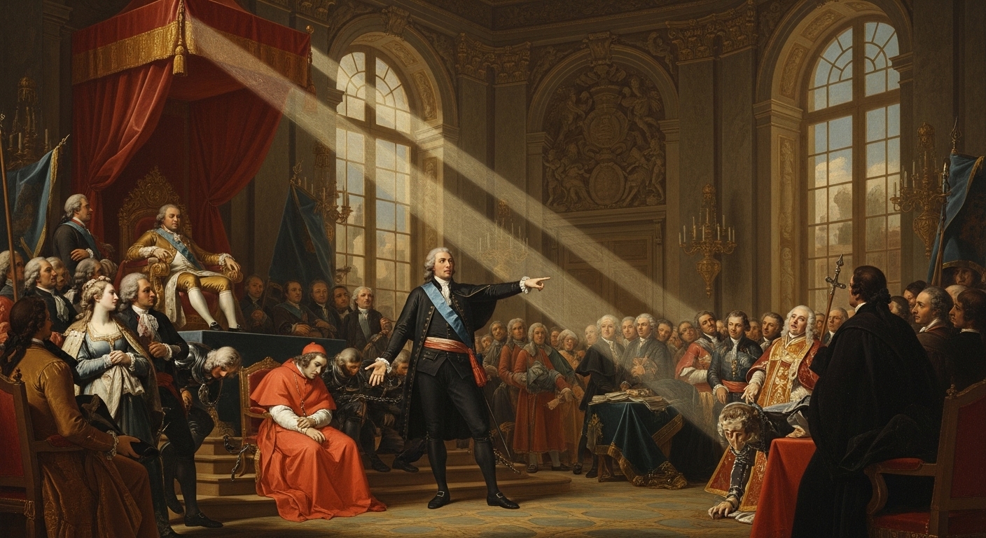 1786년 5월 파리 고등법원에서 열린 목걸이 사건 재판 장면으로 붉은 예복의 로앙 추기경과 루이 16세 앞에서 증언하는 모습을 담은 18세기 프랑스 역사화