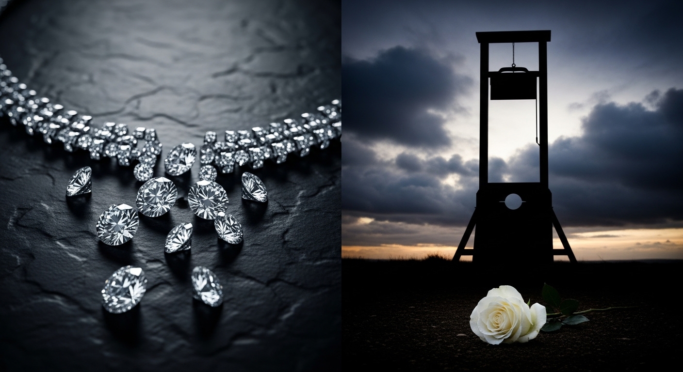 왼쪽에 분해된 540개 다이아몬드 조각들과 오른쪽에 단두대 실루엣 그리고 흰 장미가 놓인 목걸이 사건의 비극적 결말을 상징하는 이미지