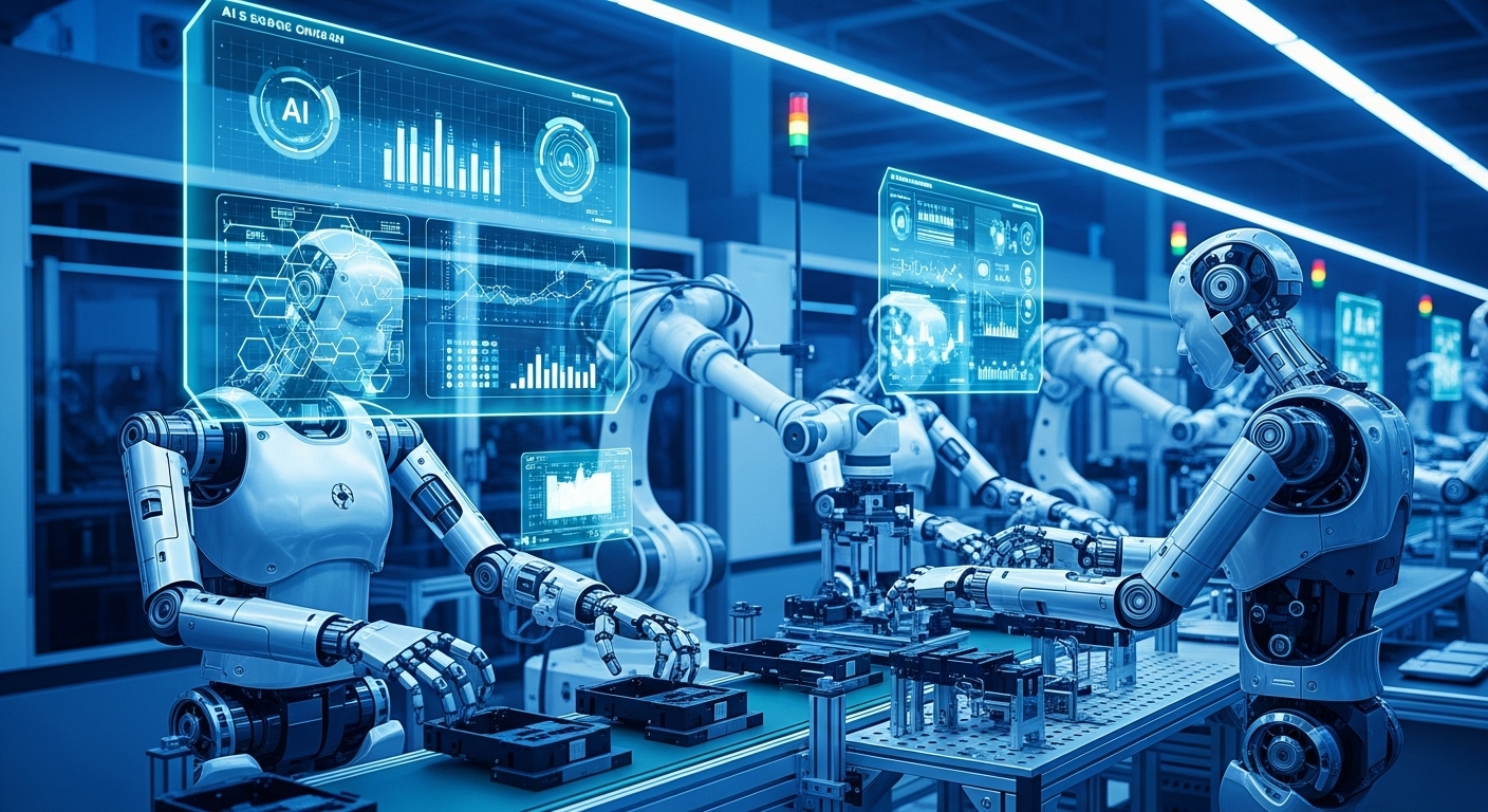 AI 분석 홀로그램 화면을 보며 정밀하게 전자부품을 조립하는 첨단 산업용 로봇들이 작동하는 한국의 스마트 팩토리 제조 현장