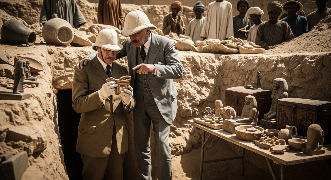 하워드 카터와 카나본 경 - 1922년 투탕카멘 무덤 발굴 현장에서 고대 유물을 조사하는 두 사람의 역사적 순간