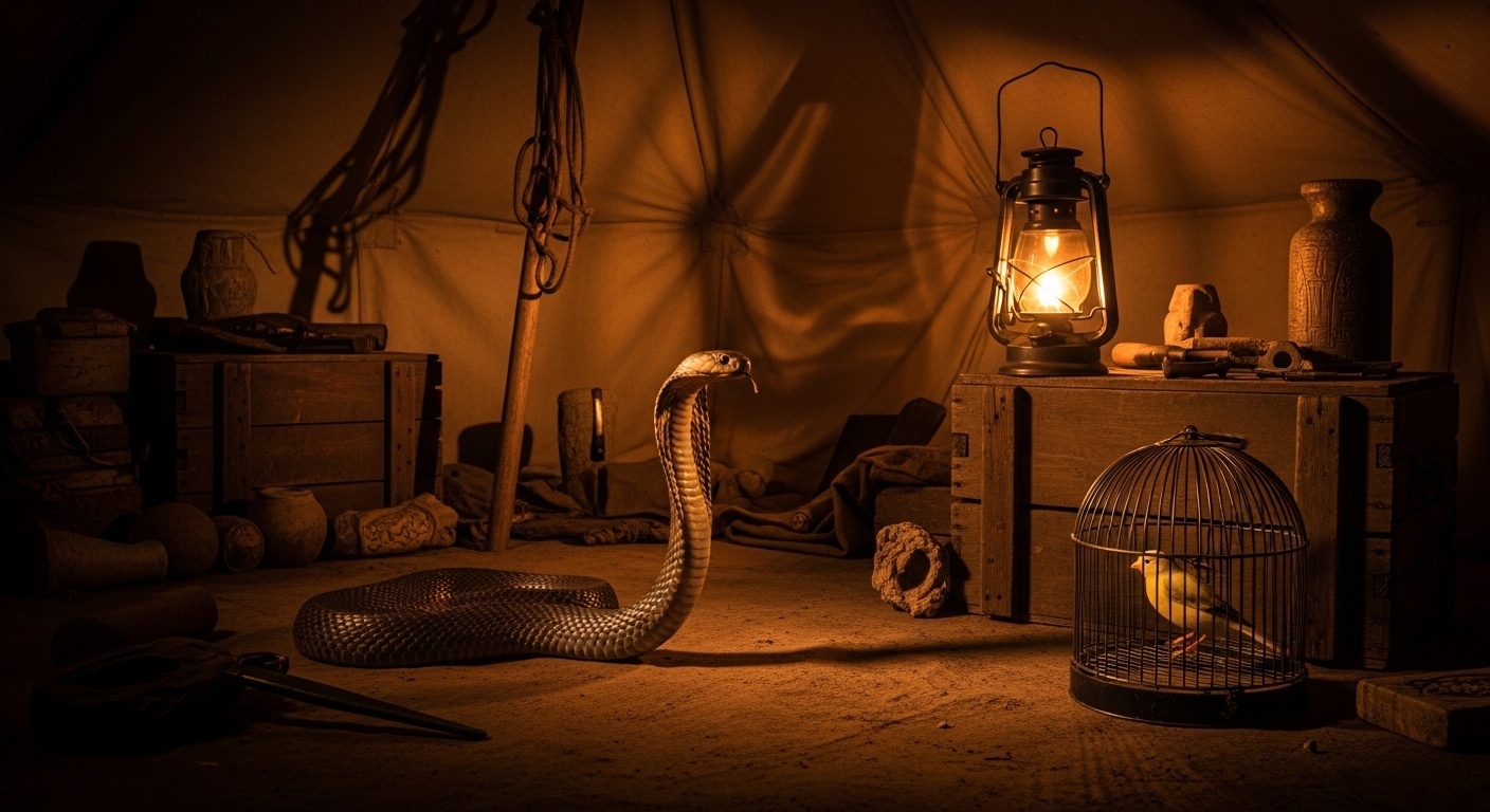 파라오의 저주 징조 - 코브라와 카나리아 새 - 투탕카멘 무덤 발굴 현장에서 일어난 불길한 사건을 상징하는 장면