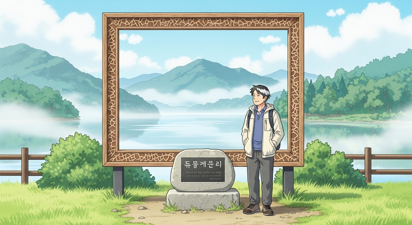 남양주 두물머리 액자 포토존에서 호수와 산을 바라보는 60대 남성의 평화로운 당일치기 여행 풍경