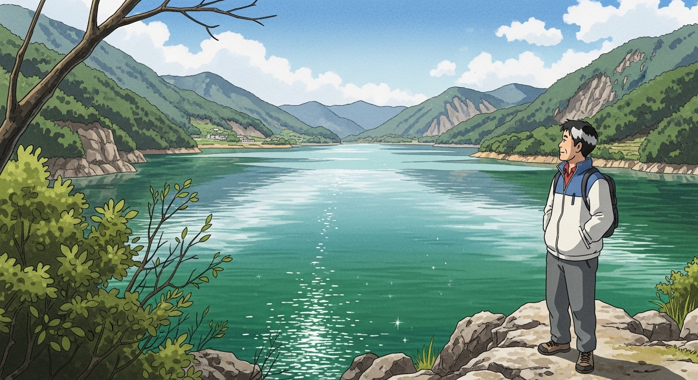 가평 청평호반길 에메랄드빛 호수를 바라보는 60대 남성, 산으로 둘러싸인 평화로운 당일치기 드라이브 명소