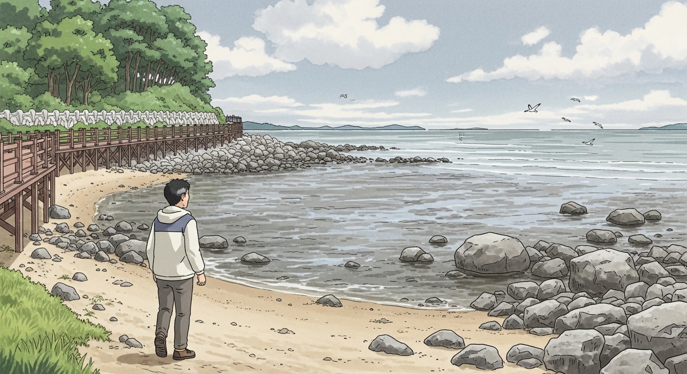 강화도 해안도로에서 서해 갯벌과 바다를 바라보는 60대 남성, 갈매기 나는 평화로운 당일치기 여행지