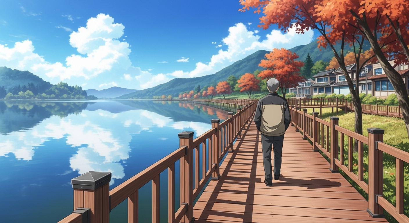 의왕 백운호수 나무 데크 산책로를 걷는 60대 남성, 호수에 비친 하늘과 가을 단풍이 아름다운 서울 근교 힐링 명소