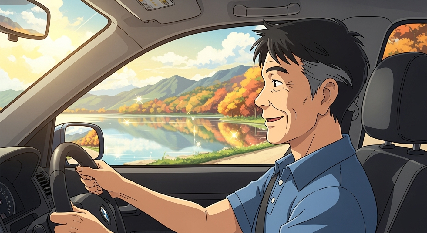 60대 남성이 가을 단풍과 호수 풍경을 바라보며 행복하게 운전하는 서울 근교 당일치기 드라이브 여행 모습