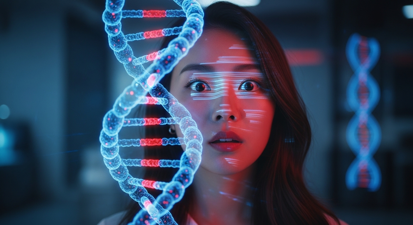 DNA 이중나선 구조와 여성 얼굴이 겹쳐진 모습으로 인간 유전자 속 바이러스 유전자 8퍼센트의 존재를 시각화한 과학 이미지