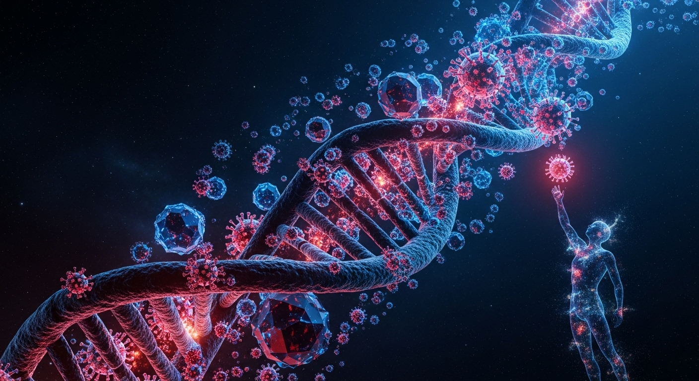 DNA 나선구조에 부착된 바이러스 입자들과 인체 실루엣으로 표현한 인간 진화 과정의 바이러스 공생 관계 과학 이미지