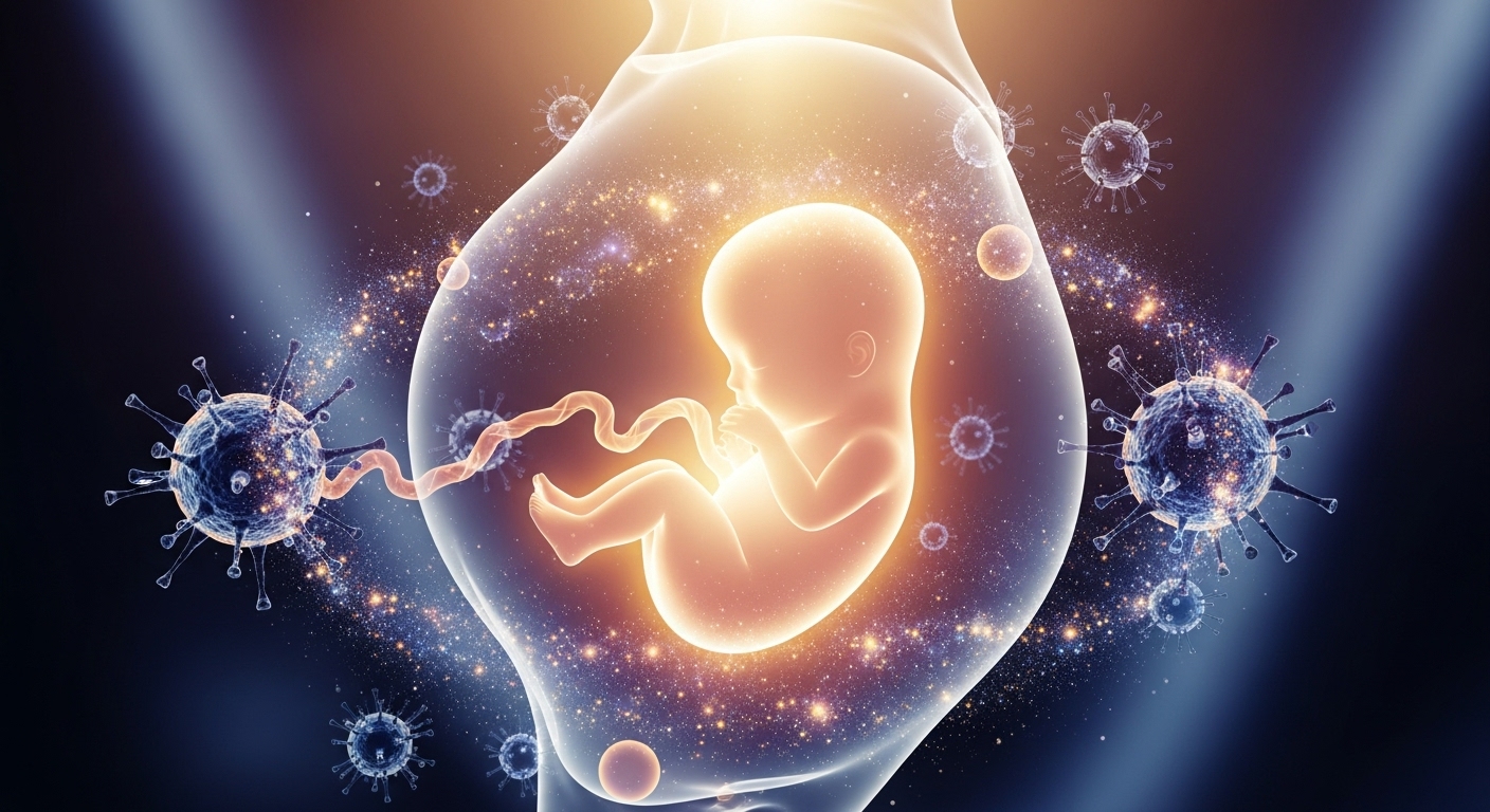 임신 중 태아와 탯줄을 둘러싼 바이러스 입자들로 표현한 포유류 태반 형성에 필수적인 바이러스 유래 신사이틴 단백질의 역할 과학 이미지