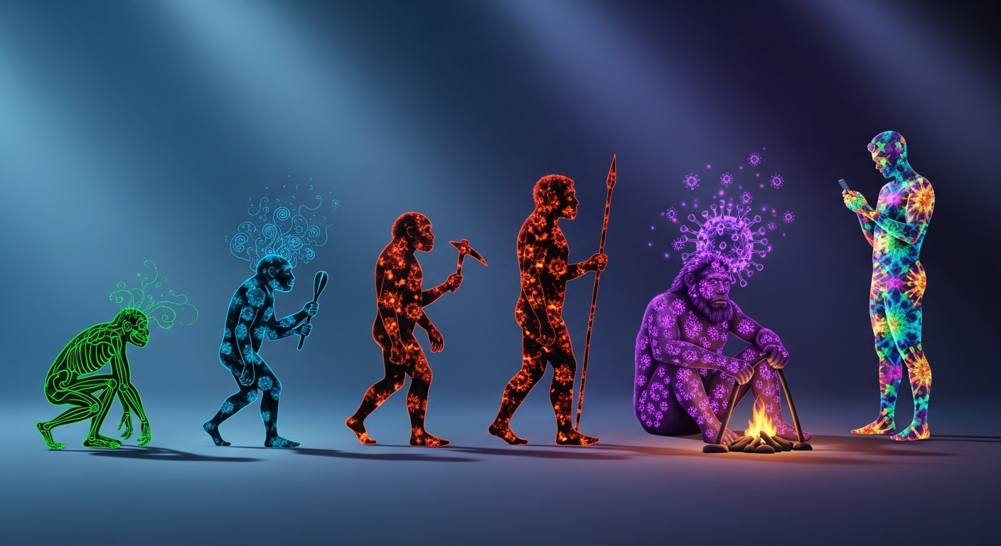 원시인부터 현대인까지 진화 단계별로 몸속에 바이러스 입자가 표현된 인류 진화 과정 이미지로 바이러스와 함께 진화해온 인간의 역사를 시각화한 과학 일러스트