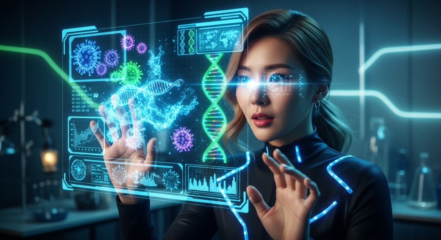 홀로그램 인터페이스로 DNA 구조와 바이러스를 분석하는 여성 과학자 모습으로 인간 유전자 속 바이러스 유전자 8퍼센트를 연구하는 현대 생명과학 기술 이미지