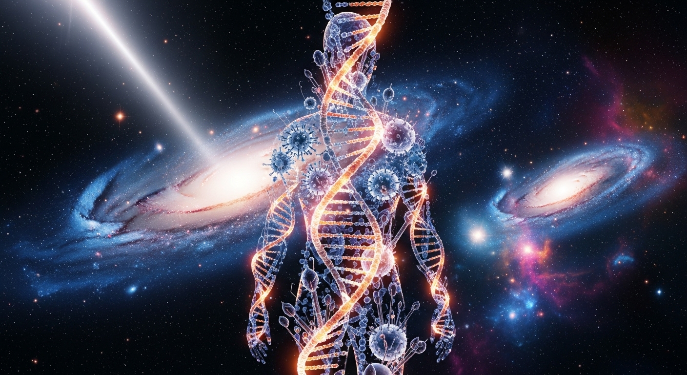 우주 은하수 배경에 DNA 나선 구조로 이루어진 인체 실루엣과 바이러스 입자들이 어우러진 모습으로 수백만 년 인류 진화 과정의 바이러스 공생 관계를 우주적 관점에서 표현한 예술적 과학 이미지
