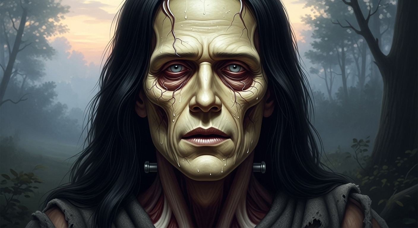 프랑켄슈타인 괴물의 원작 소설 묘사 - 긴 검은 머리와 노란 반투명 피부를 가진 비극적인 피조물