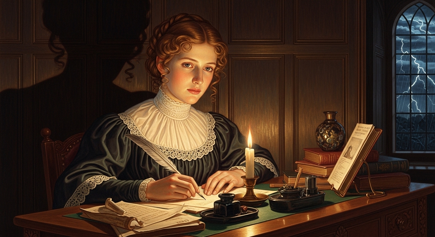 메리 셸리가 촛불 아래에서 프랑켄슈타인 소설을 집필하는 모습, 창밖으로 번개가 치는 폭풍우 치는 밤