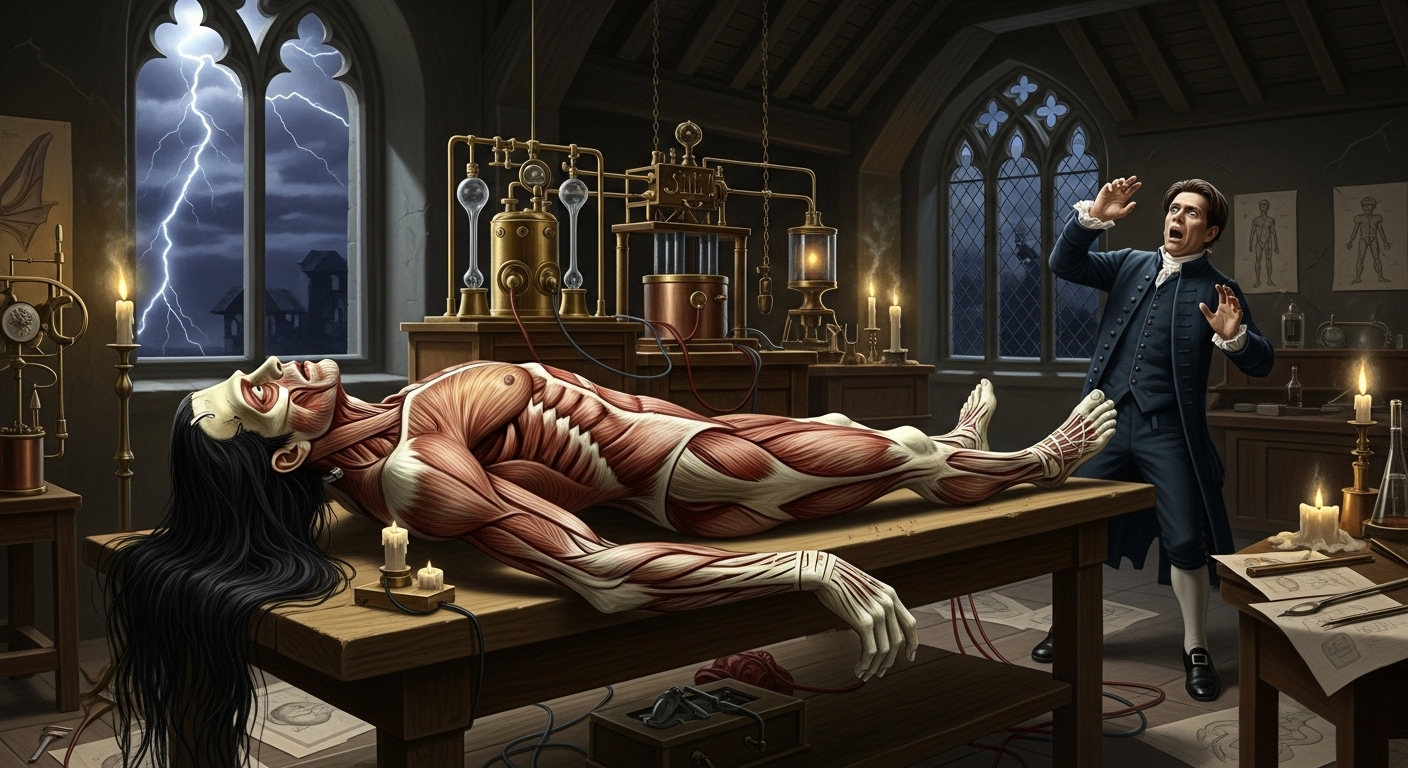 빅터 프랑켄슈타인이 번개가 치는 폭풍우 밤 고딕 실험실에서 전기 장치로 괴물에게 생명을 불어넣는 장면