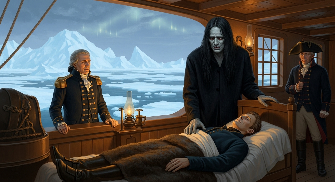프랑켄슈타인의 괴물이 북극 선박에서 죽은 창조주 빅터의 시신 곁에 서 있는 소설의 비극적 결말 장면