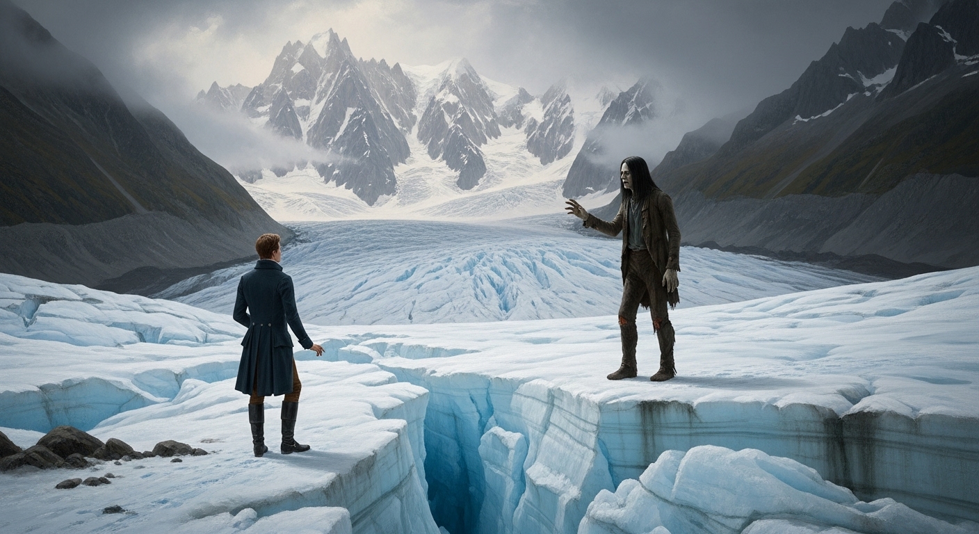 빅터 프랑켄슈타인과 그가 창조한 괴물이 알프스 빙하 위에서 마주 보며 대결하는 장면