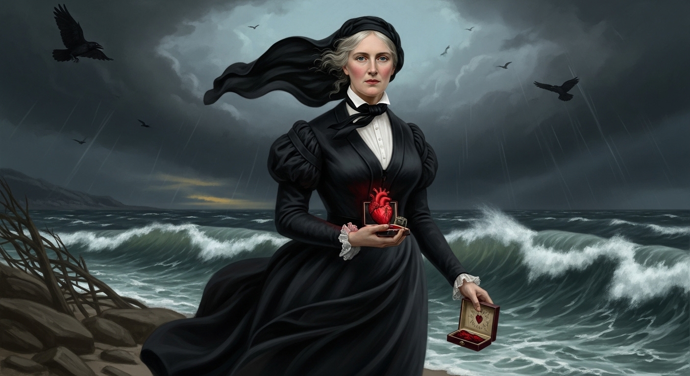 폭풍우 치는 바닷가에서 유리 상자 속 심장을 든 메리 셸리의 상징적 초상, 프랑켄슈타인 작가