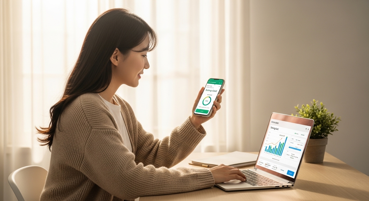 월급 300만원으로 5년 만에 1억 모으기 위해 스마트폰 저축 앱을 확인하는 20대 직장인 여성