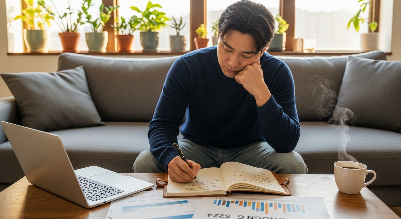 월급 300만원으로 5년 만에 1억 모으기 위한 구체적인 저축 계획을 가계부에 기록하는 20대 직장인 남성