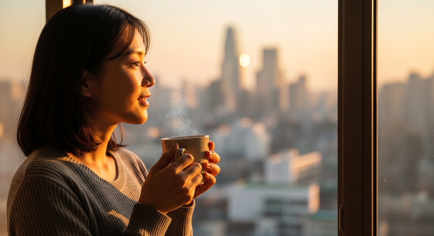 월급 300만원으로 5년 저축 계획을 세우고 밝은 미래를 꿈꾸며 창밖을 바라보는 20대 직장인 여성