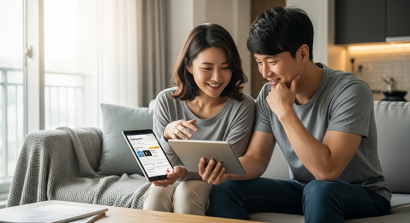 월급 300만원으로 함께 5년 만에 1억 모으기 위한 저축 계획을 상의하는 신혼부부가 태블릿과 스마트폰으로 적금 상품을 비교하는 모습